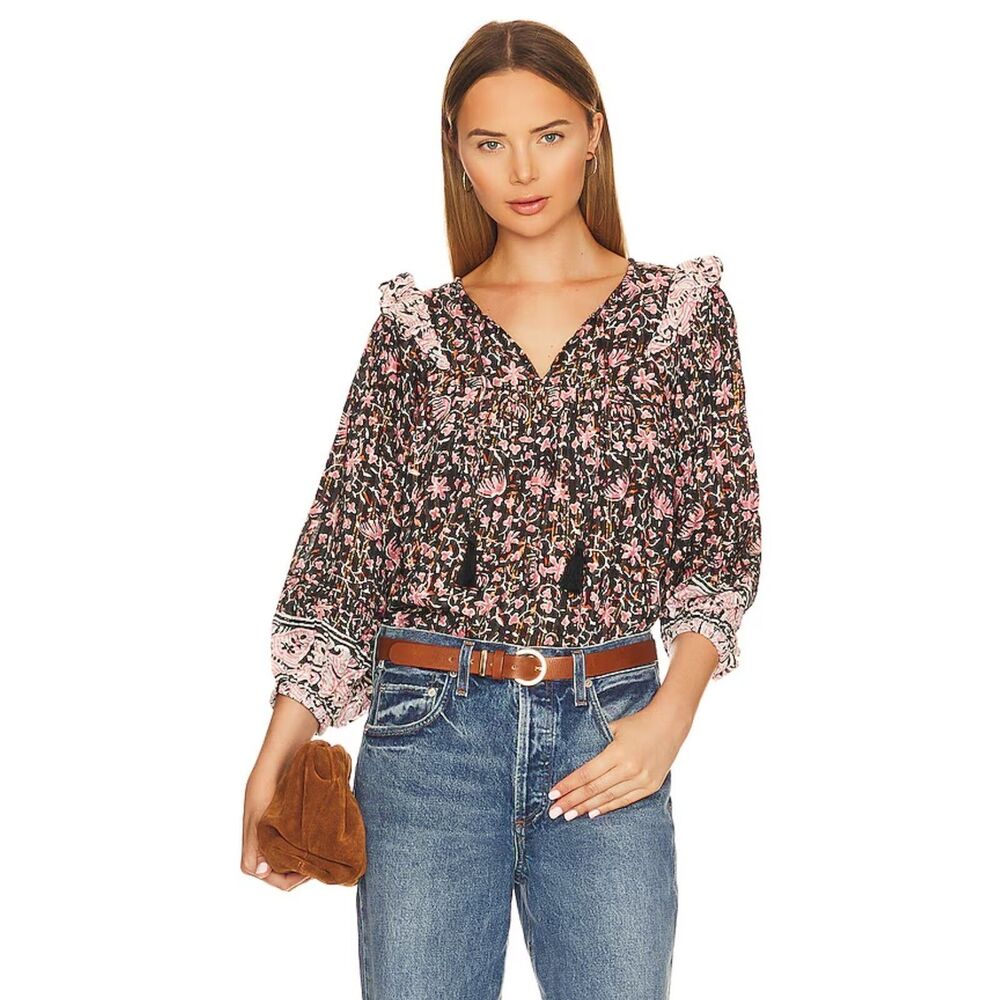 Clobella Brynlee Blouse NWOT Size Small S Black Pink Floral Fan Print Top Sm